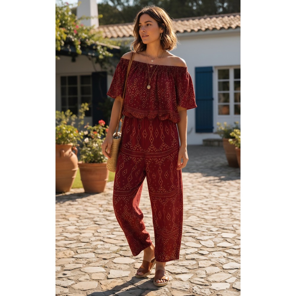 NWT Anthropologie Beachgold Luzen Off-The-Shoulder Jumpsuit XL Burgundy Boho